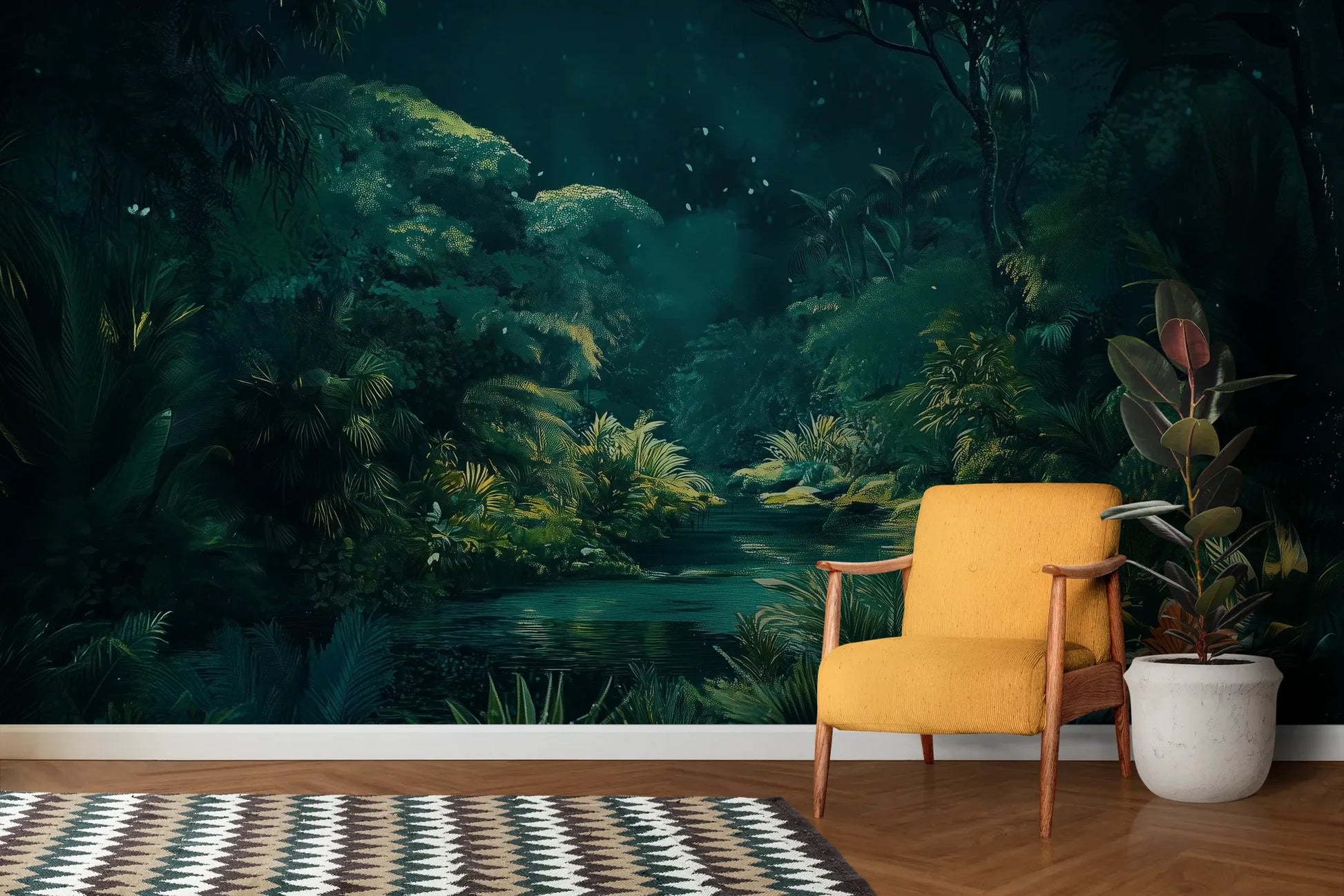 Wzór fototapety MYSTIC POND - tapeta z tajemniczym stawem w tropikalnej dżungli pokazanej w aranżacji salonu.