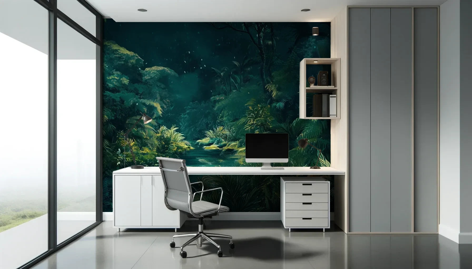 Fototapeta MYSTIC POND - tapeta z tajemniczym stawem w tropikalnej dżungli pokazana w aranżacji biura.