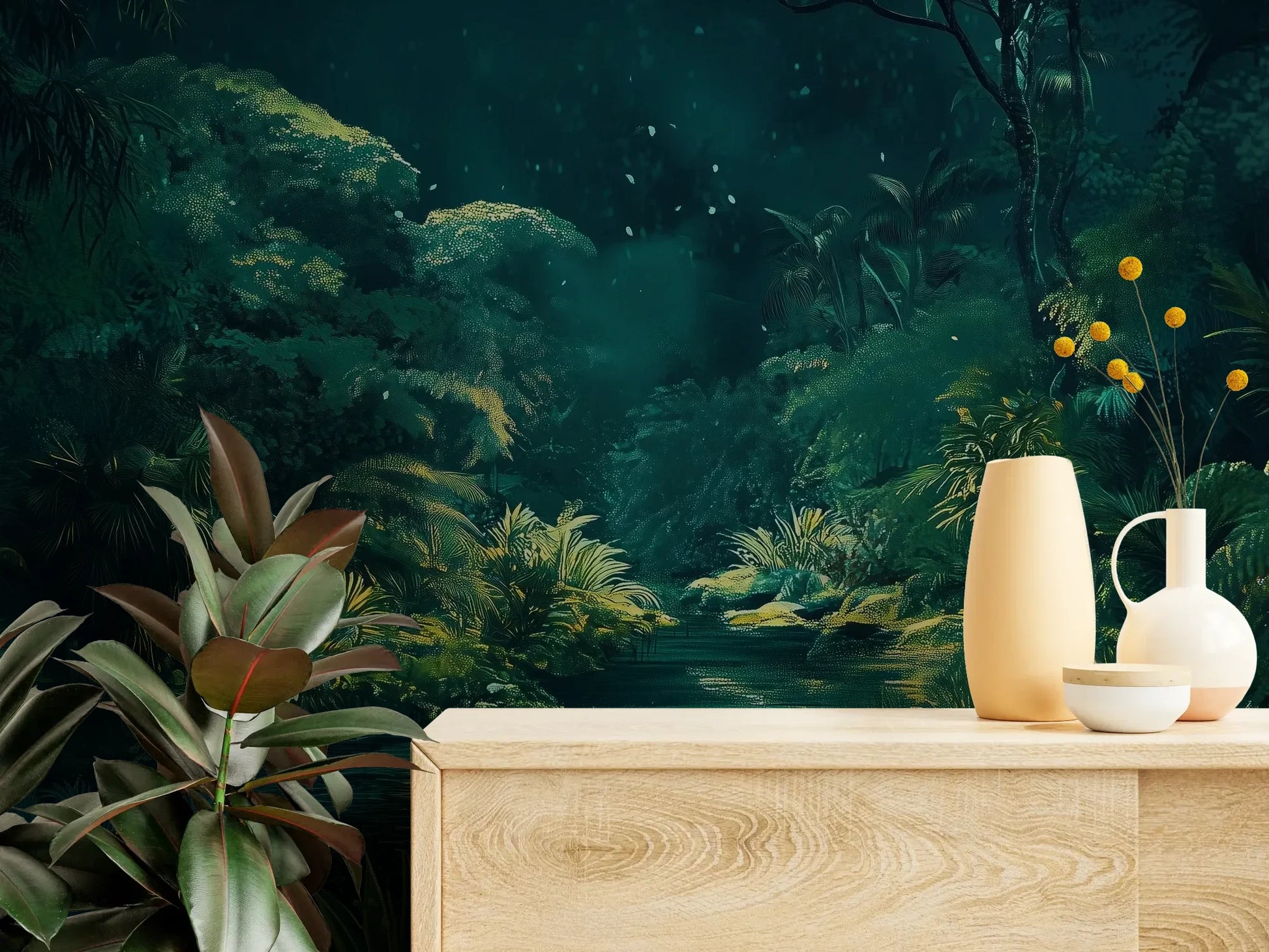 Fototapeta MYSTIC POND - tapeta z tajemniczym stawem w tropikalnej dżungli pokazana w aranżacji wnętrza z akcentem na ścianie.