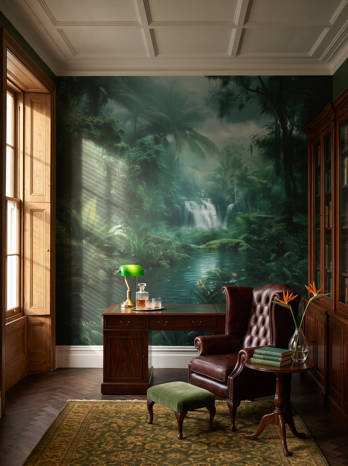 Fototapeta artystyczna o nazwie MYSTIC WATERFALL w aranżacji wnętrza: prywatna biblioteka w stylu angielskiego klubu.