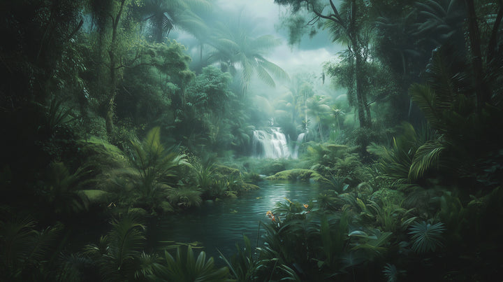 Prezentacja całego wzoru fototapety o nazwie MYSTIC WATERFALL - tapeta z tajemniczym wodospadem w tropikalnej dżungli