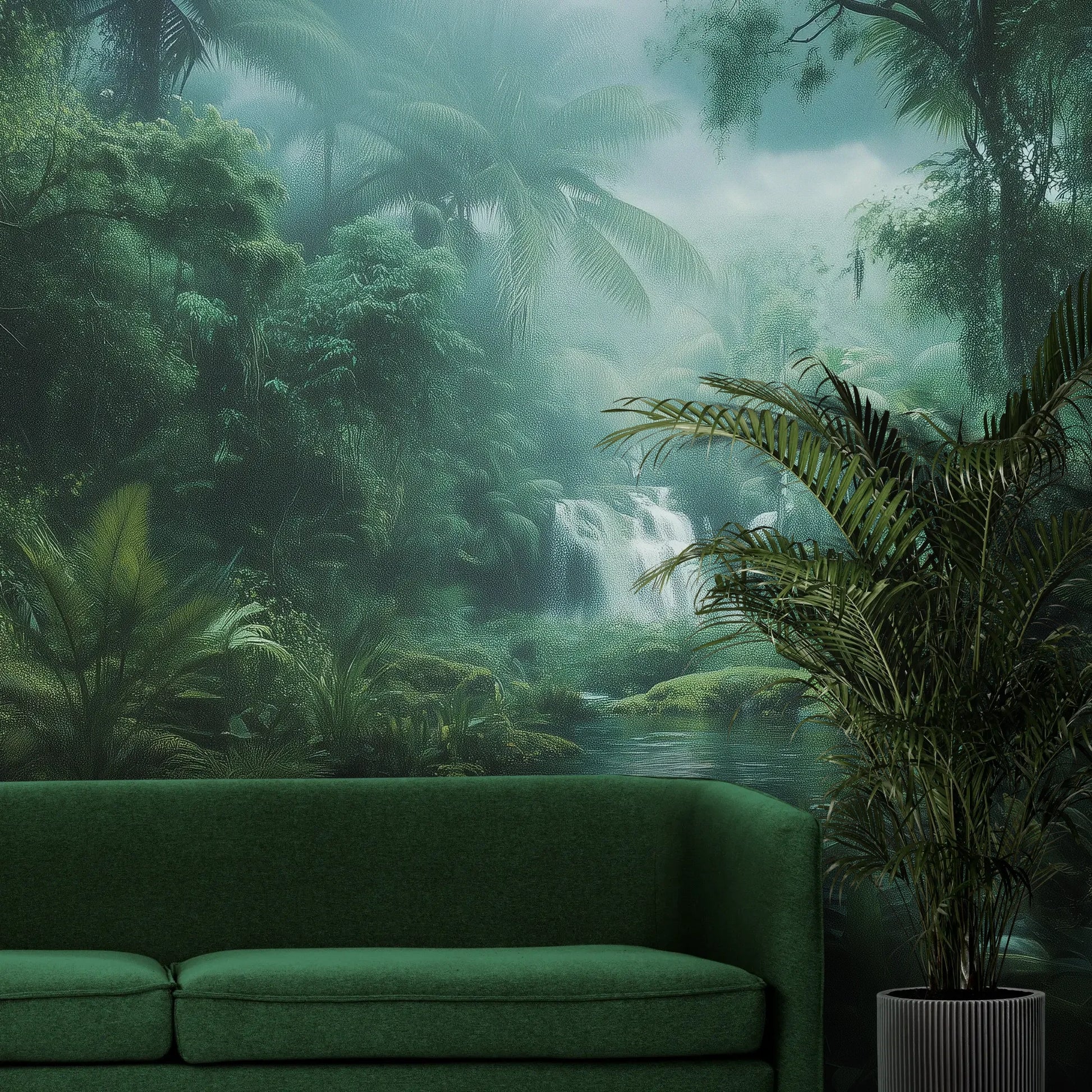 Fototapeta MYSTIC WATERFALL - tapeta z tajemniczym wodospadem w tropikalnej dżungli pokazana w aranżacji wnętrza z akcentem na ścianie.