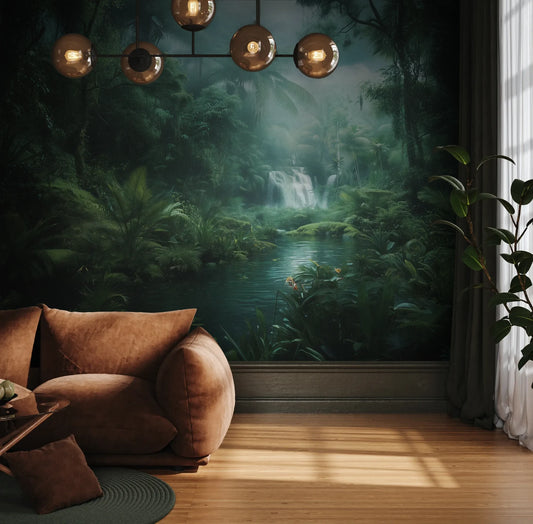 Fototapeta MYSTIC WATERFALL - tapeta z tajemniczym wodospadem w tropikalnej dżungli pokazana w aranżacji wnętrza z akcentem na ścianie.