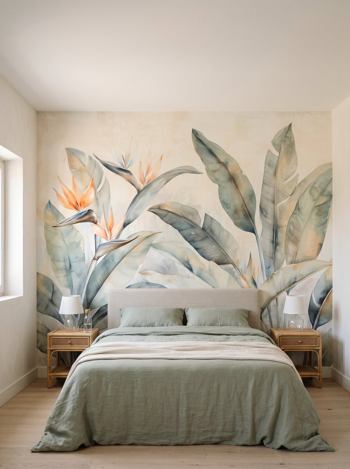 Fototapeta artystyczna o nazwie PARADISE STRELITZIA w aranżacji wnętrza: sypialnia w balearskiej willi.
