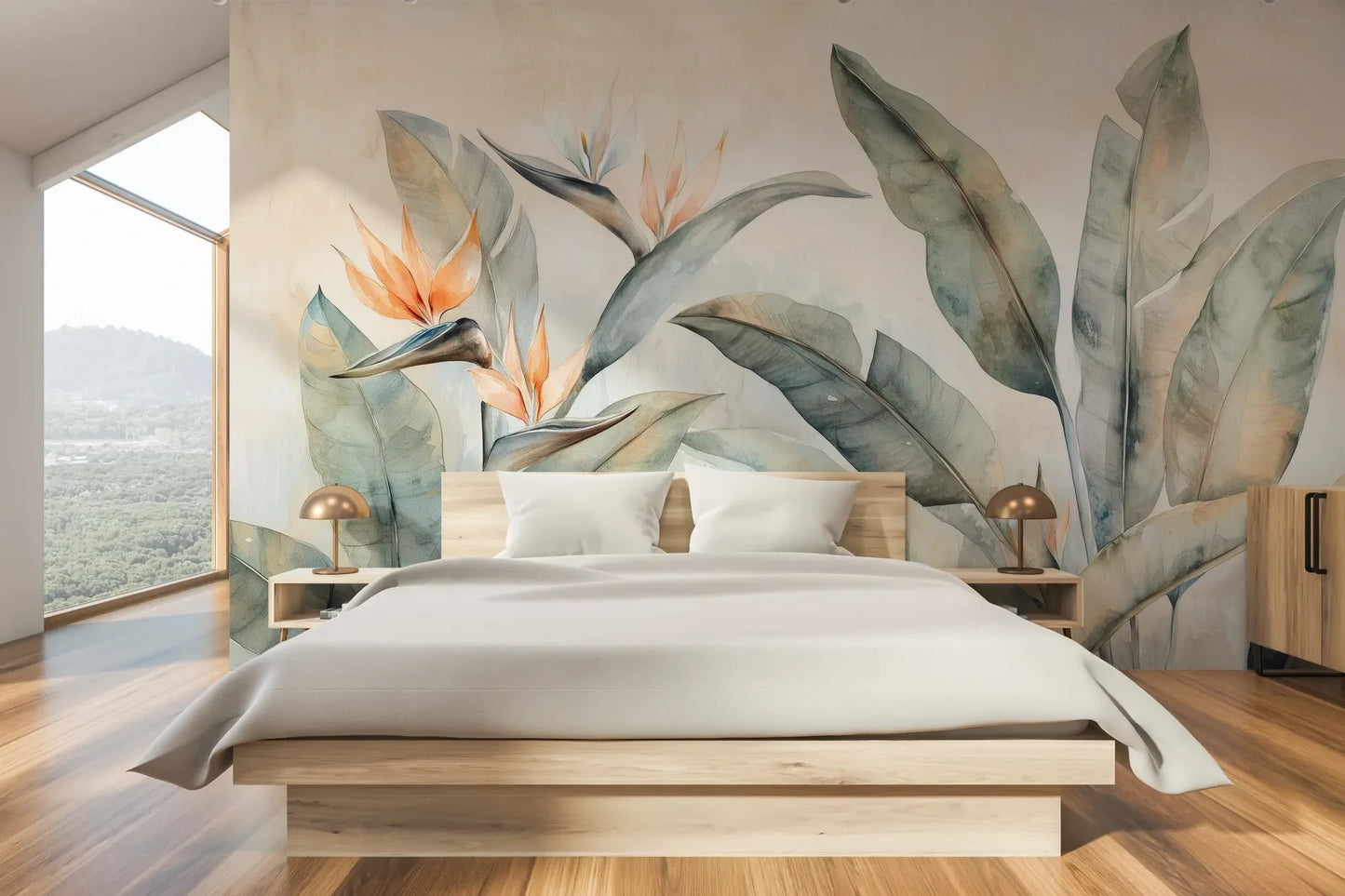 Wzór fototapety PARADISE STRELITZIA - tapeta z egzotycznymi kwiatami rajskiego ptaka pokazanej w aranżacji sypialni.