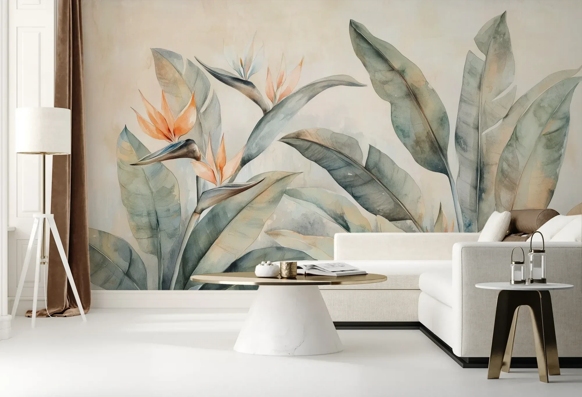 Wzór fototapety PARADISE STRELITZIA - tapeta z egzotycznymi kwiatami rajskiego ptaka pokazanej w aranżacji salonu.