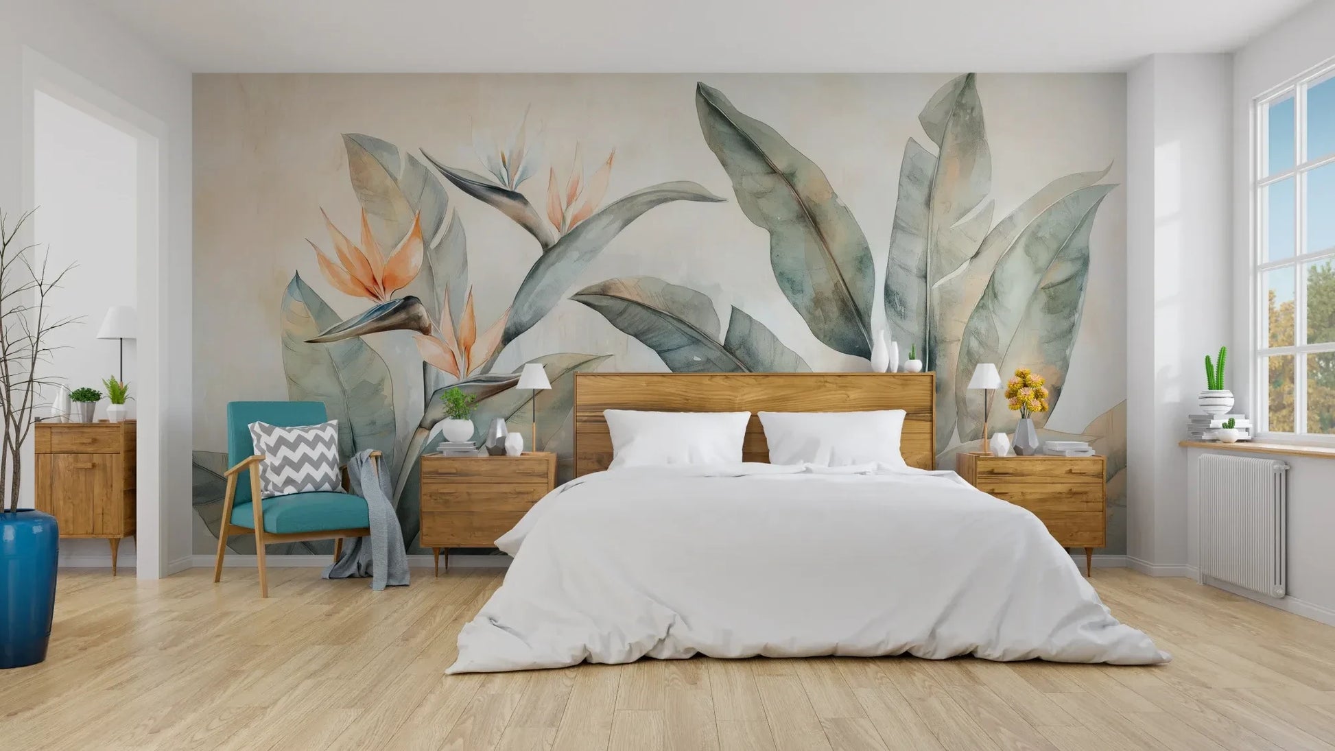 Wzór fototapety PARADISE STRELITZIA - tapeta z egzotycznymi kwiatami rajskiego ptaka pokazanej w aranżacji sypialni.