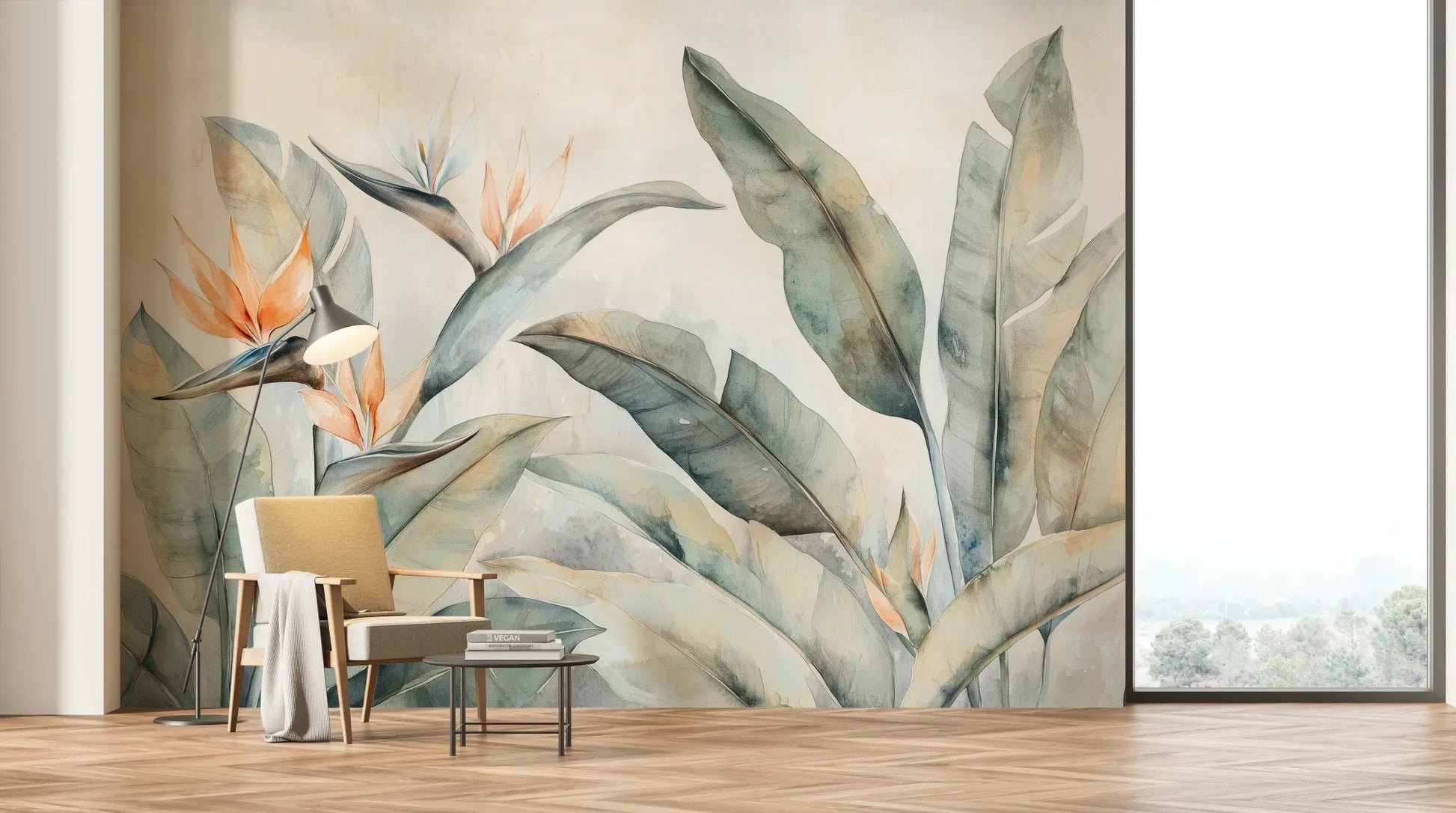 Wzór fototapety PARADISE STRELITZIA - tapeta z egzotycznymi kwiatami rajskiego ptaka pokazanej w aranżacji salonu.