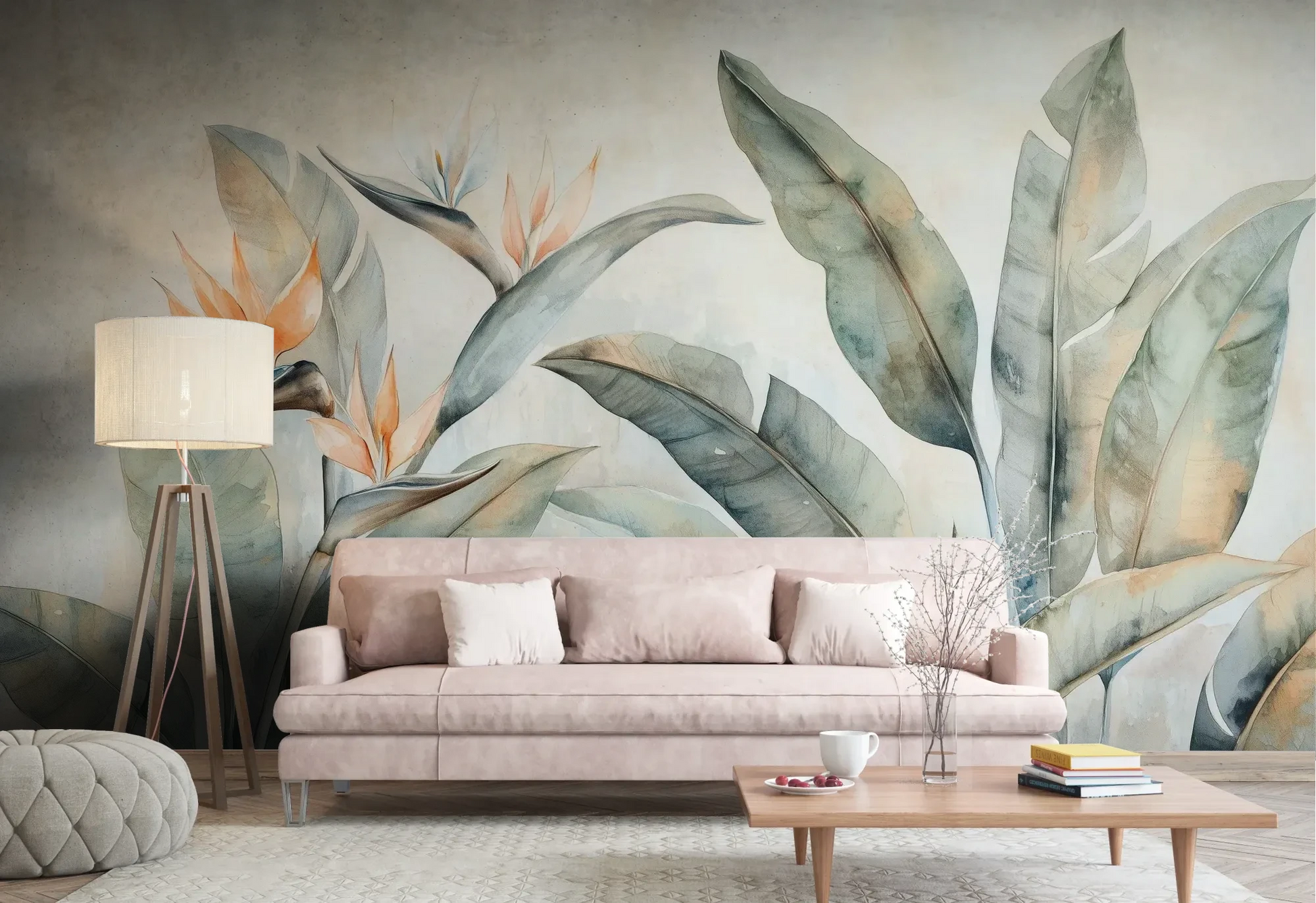 Wzór fototapety PARADISE STRELITZIA - tapeta z egzotycznymi kwiatami rajskiego ptaka pokazanej w aranżacji salonu.