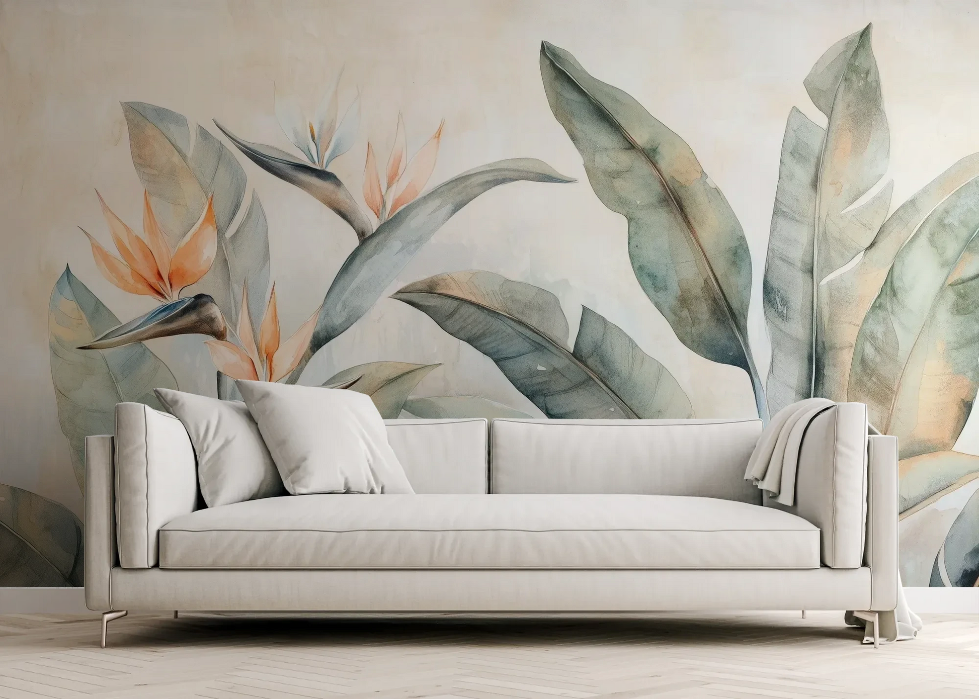 Wzór fototapety PARADISE STRELITZIA - tapeta z egzotycznymi kwiatami rajskiego ptaka pokazanej w aranżacji salonu.