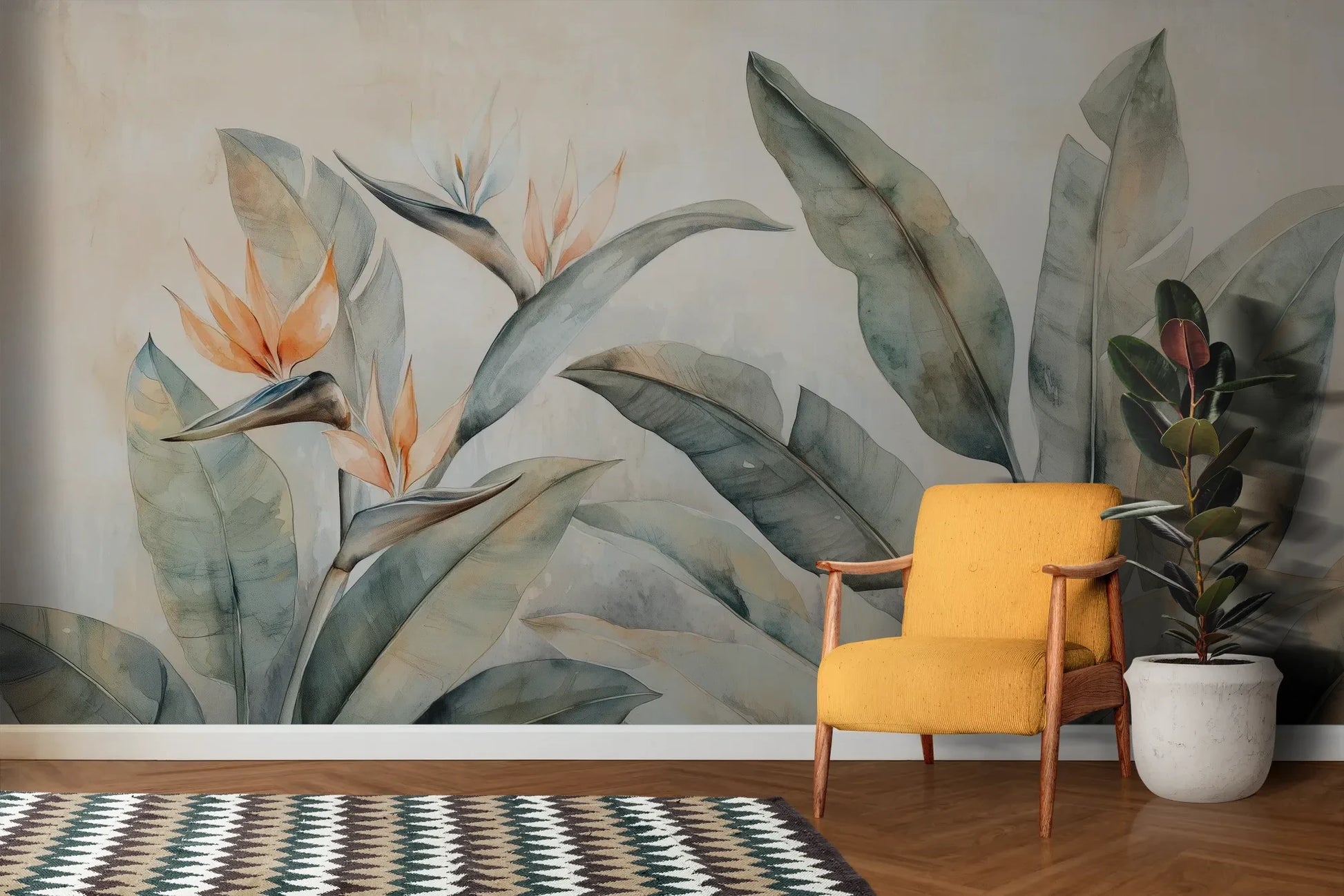 Wzór fototapety PARADISE STRELITZIA - tapeta z egzotycznymi kwiatami rajskiego ptaka pokazanej w aranżacji salonu.