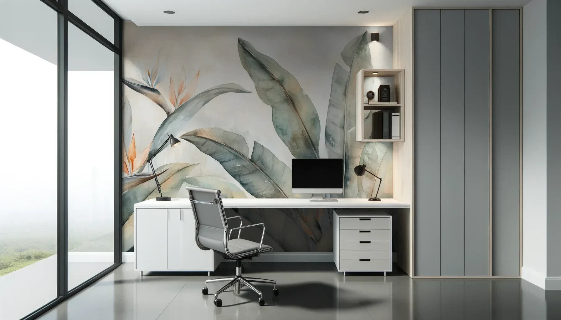 Fototapeta PARADISE STRELITZIA - tapeta z egzotycznymi kwiatami rajskiego ptaka pokazana w aranżacji biura.