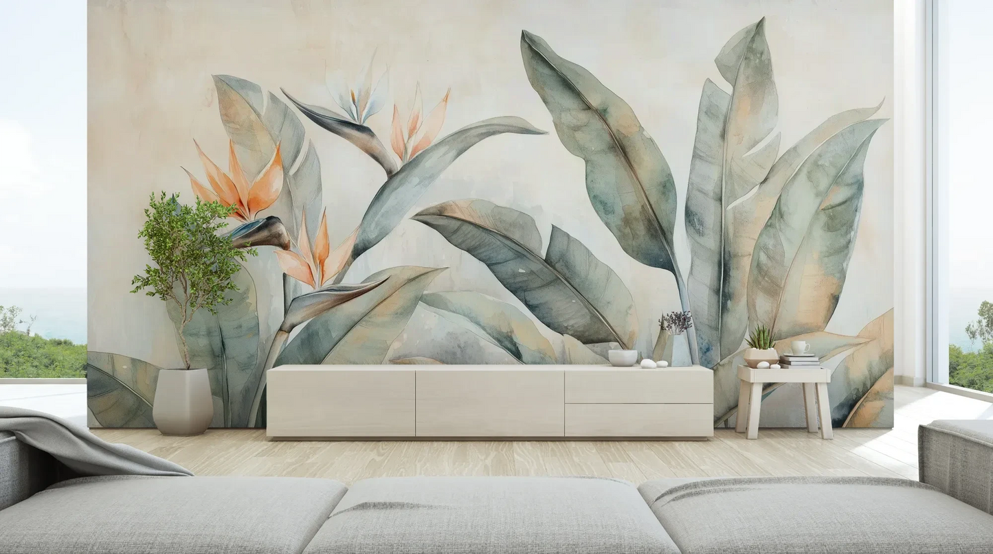 Wzór fototapety PARADISE STRELITZIA - tapeta z egzotycznymi kwiatami rajskiego ptaka pokazanej w aranżacji salonu.