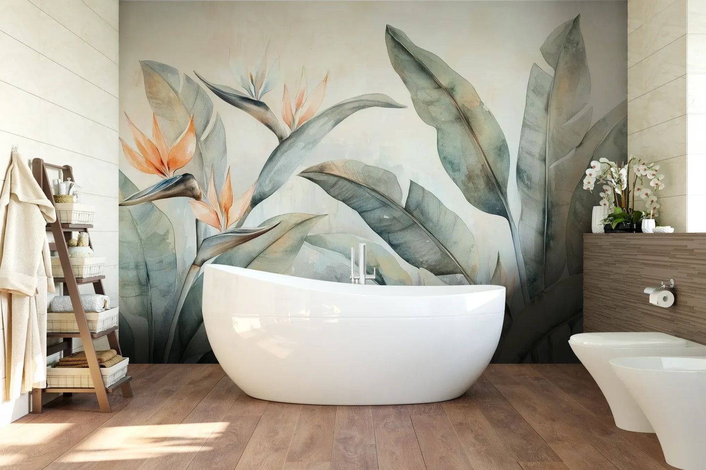 Wzór fototapety PARADISE STRELITZIA - tapeta z egzotycznymi kwiatami rajskiego ptaka pokazanej w aranżacji łazienki.