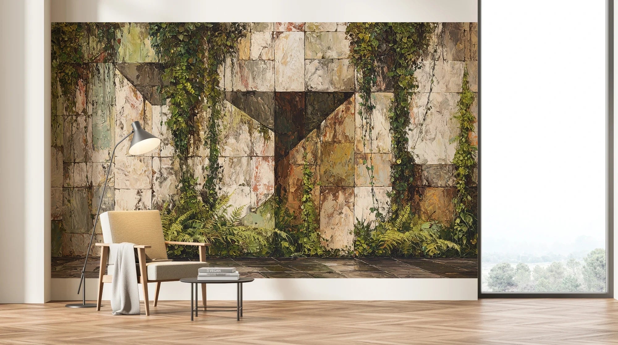 Podgląd wzoru: STONE IVY VI - fototapeta botaniczna geometryczna ściana - Salon-sciana-fotel-lampa-okno