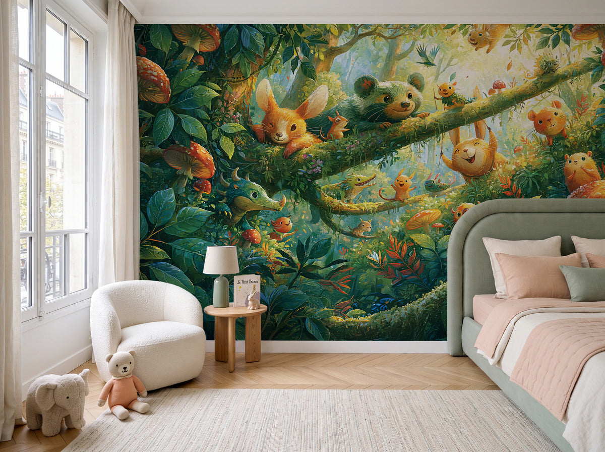 MOSSY BRANCH - tapeta z leśnymi zwierzątkami wśród muchomorów — children's room with window