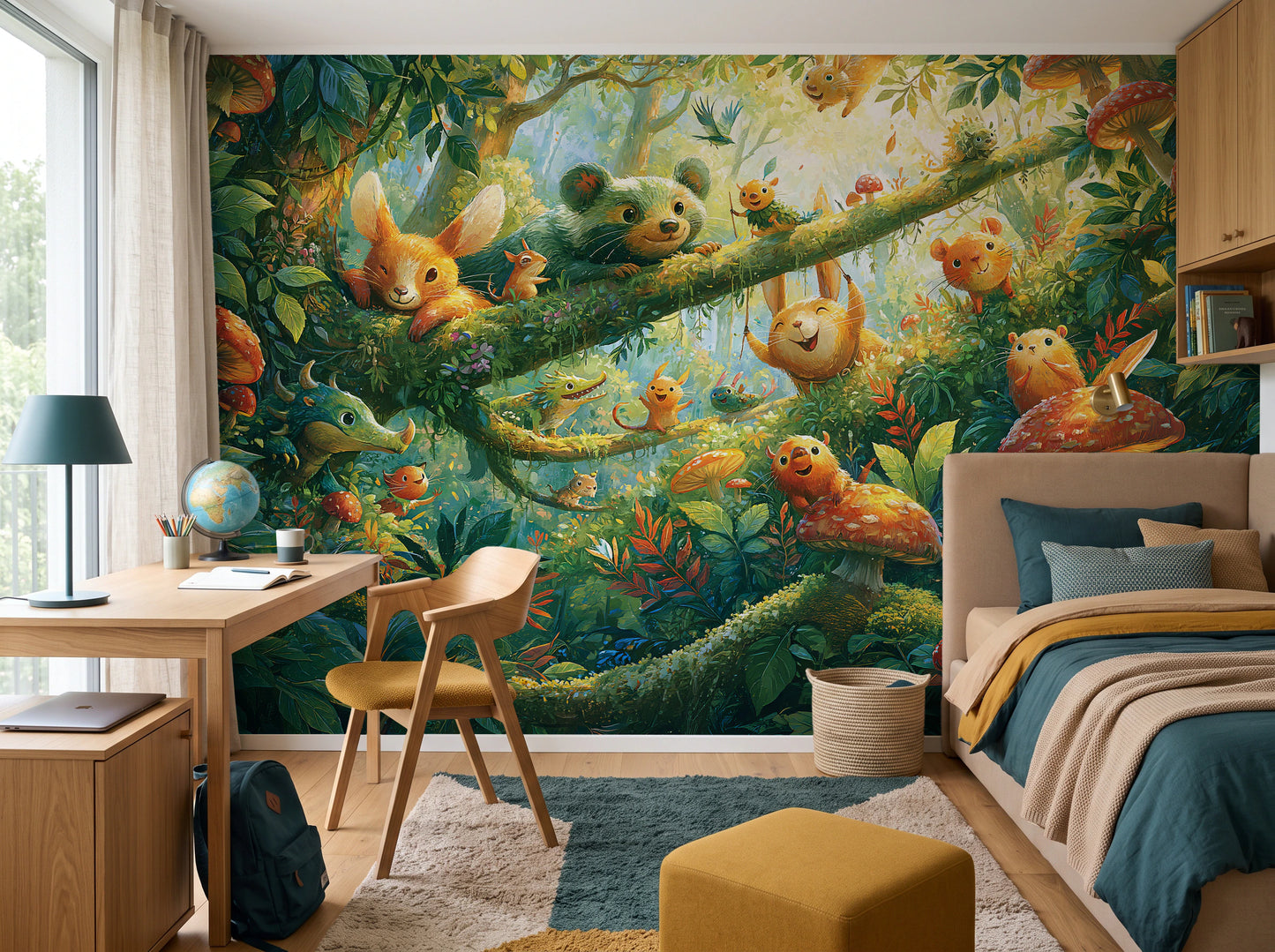 MOSSY BRANCH - tapeta z leśnymi zwierzątkami wśród muchomorów — child's room
