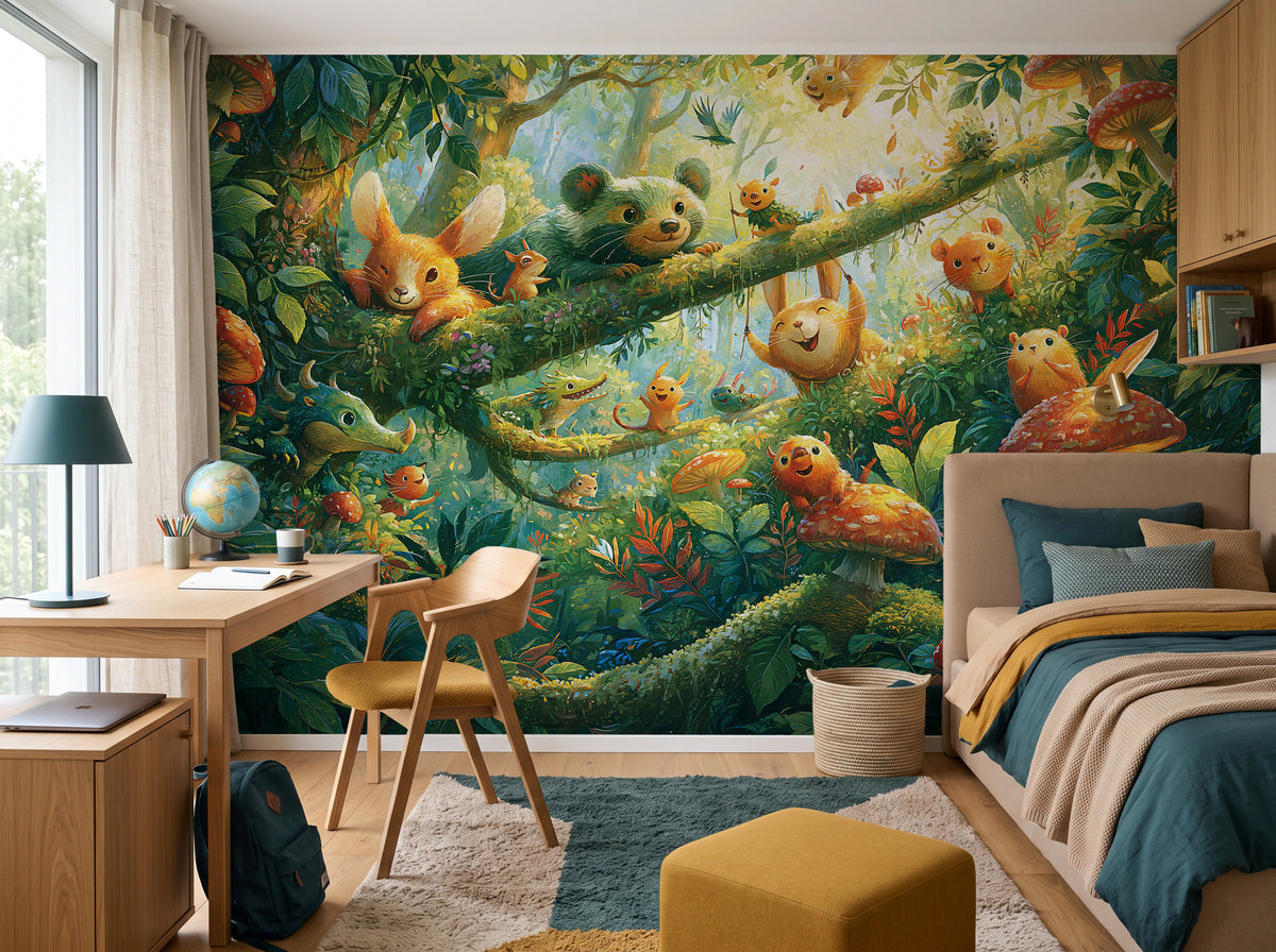MOSSY BRANCH - tapeta z leśnymi zwierzątkami wśród muchomorów — child's room