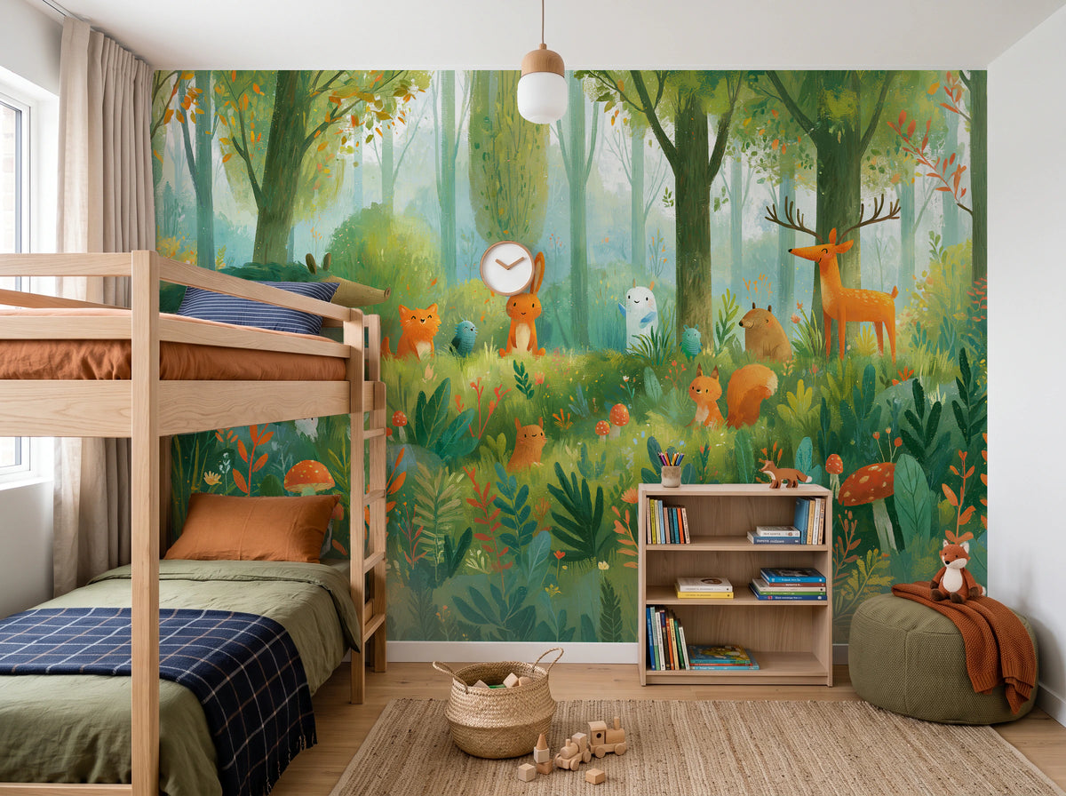 MOSSY GLADE - leśna polana ze zwierzętami w akwareli — CHILDREN'S ROOM WITH BUNK BED