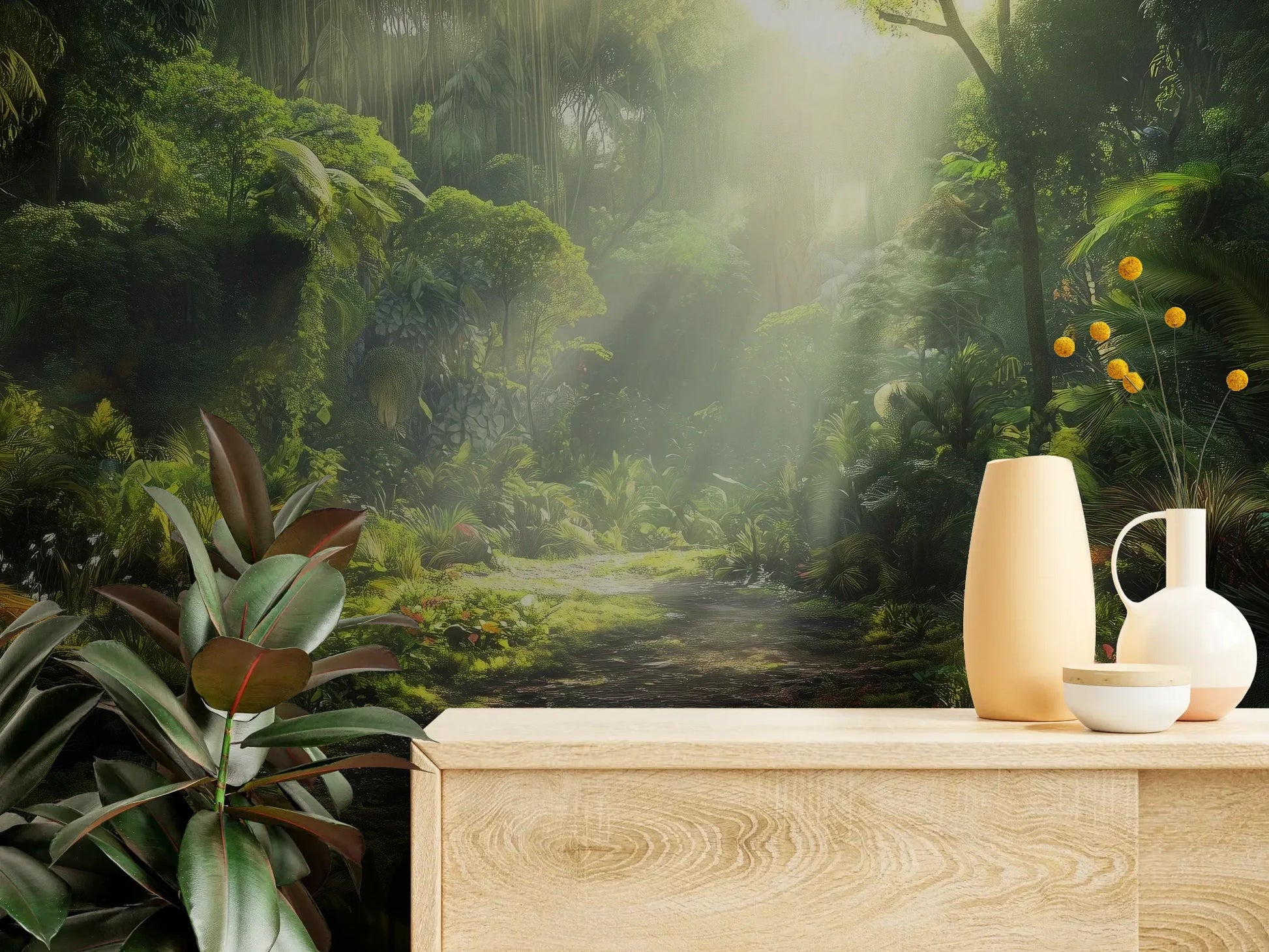 Fototapeta LUMINOUS PATH - tapeta z mistyczną ścieżką w tropikalnym lesie pokazana w aranżacji wnętrza z akcentem na ścianie.