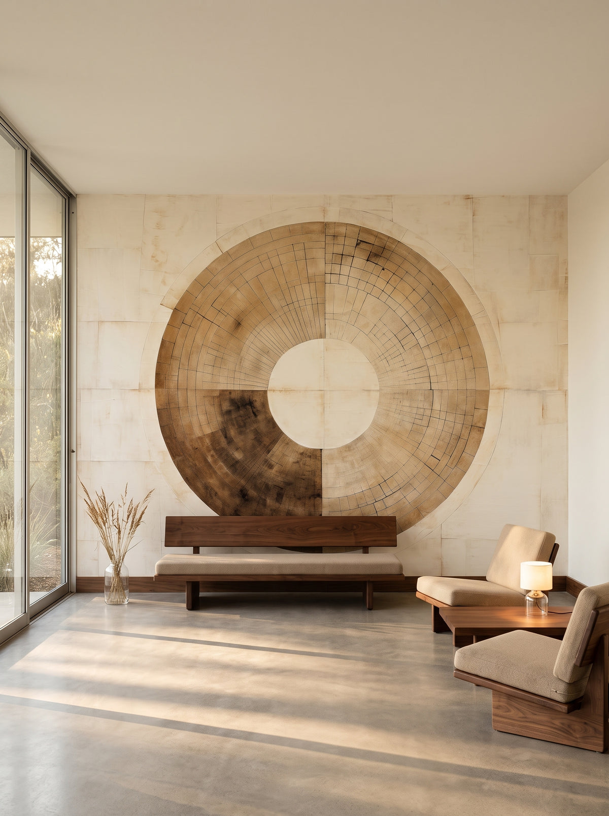 Fototapeta artystyczna o nazwie AURORA DISC HARMONY w aranżacji wnętrza: salon w kalifornijskim domu z lat 60..