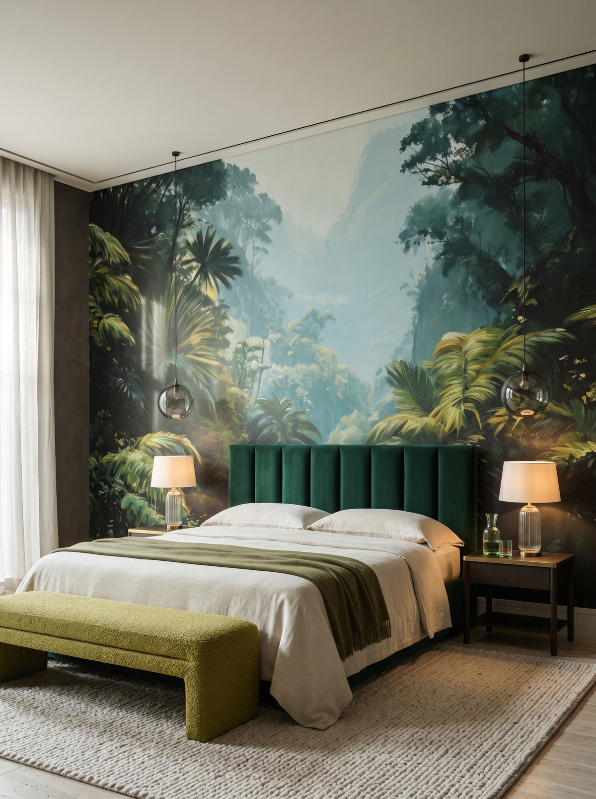 Fototapeta artystyczna o nazwie EMERALD HAZE w aranżacji wnętrza: apartament w pięciogwiazdkowym hotelu w stylu quiet luxury.