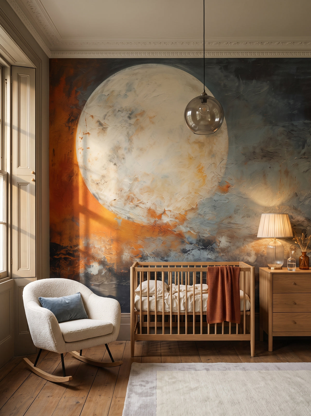 Fototapeta artystyczna o nazwie Moon's Texture w aranżacji wnętrza: elegancki pokój dziecięcy w kamienicy miejskiej.