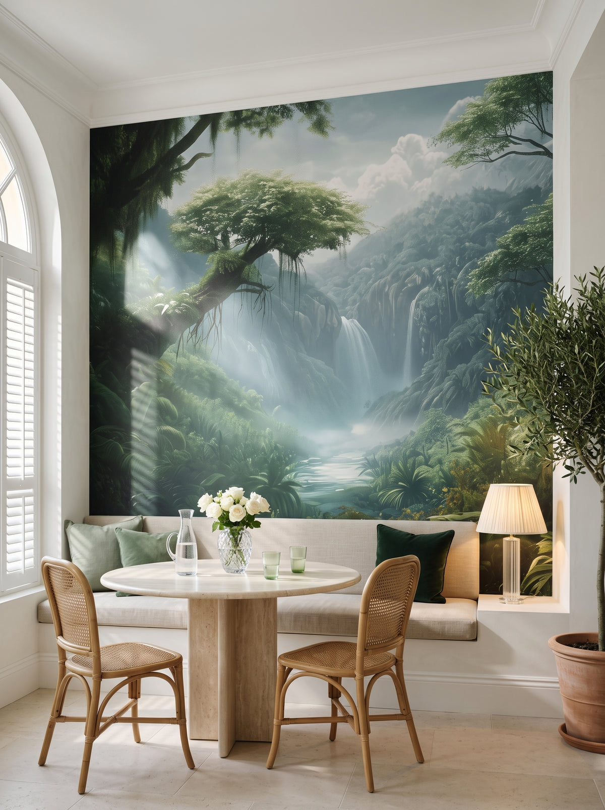 Fototapeta artystyczna o nazwie CRYSTAL FALLS w aranżacji wnętrza: kącik śniadaniowy w willi na Lazurowym Wybrzeżu.