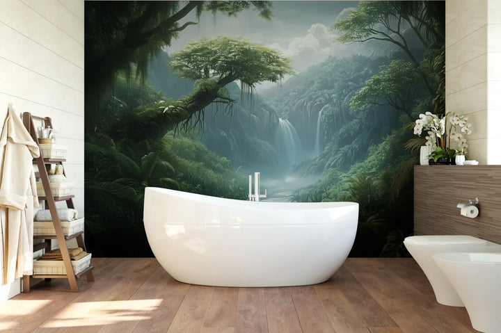 Wzór fototapety CRYSTAL FALLS - tapeta z mistycznym wodospadem w tropikalnej dżungli pokazanej w aranżacji łazienki.
