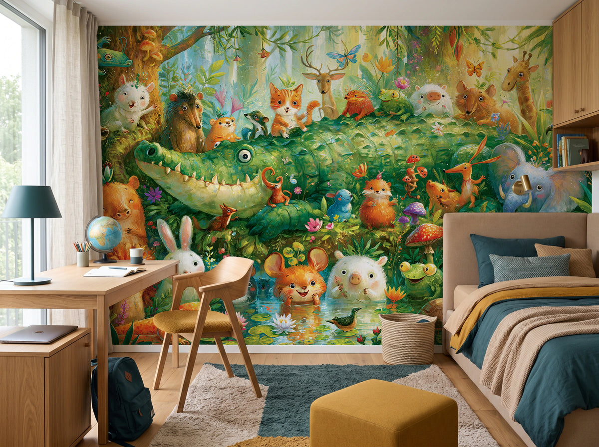 GREEN LAGOON PARADE - malarska tapeta z leśnymi zwierzętami — child's room