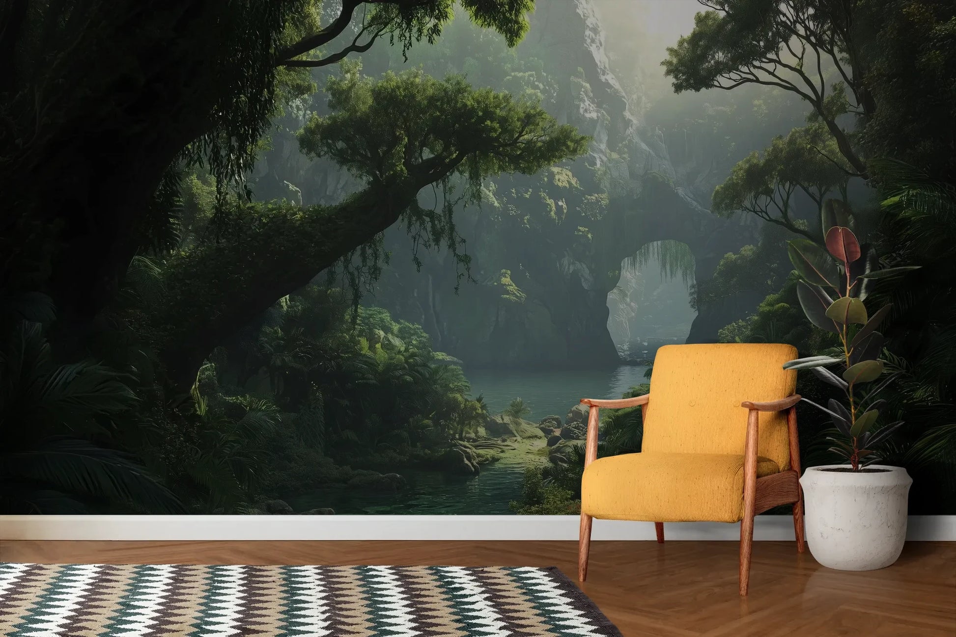 Wzór fototapety MYSTIC PATHWAY - tapeta z mglistą ścieżką w tropikalnym lesie pokazanej w aranżacji salonu.