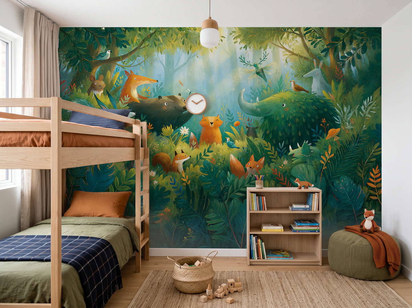 SUNLIT THICKET - malarska tapeta z leśnymi zwierzętami — CHILDREN'S ROOM WITH BUNK BED