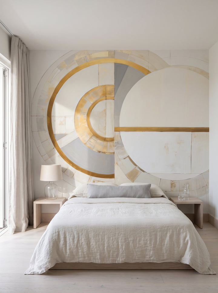 Fototapeta artystyczna o nazwie GOLDEN SEGMENT SYMMETRY w aranżacji wnętrza: sypialnia w nadmorskiej rezydencji.