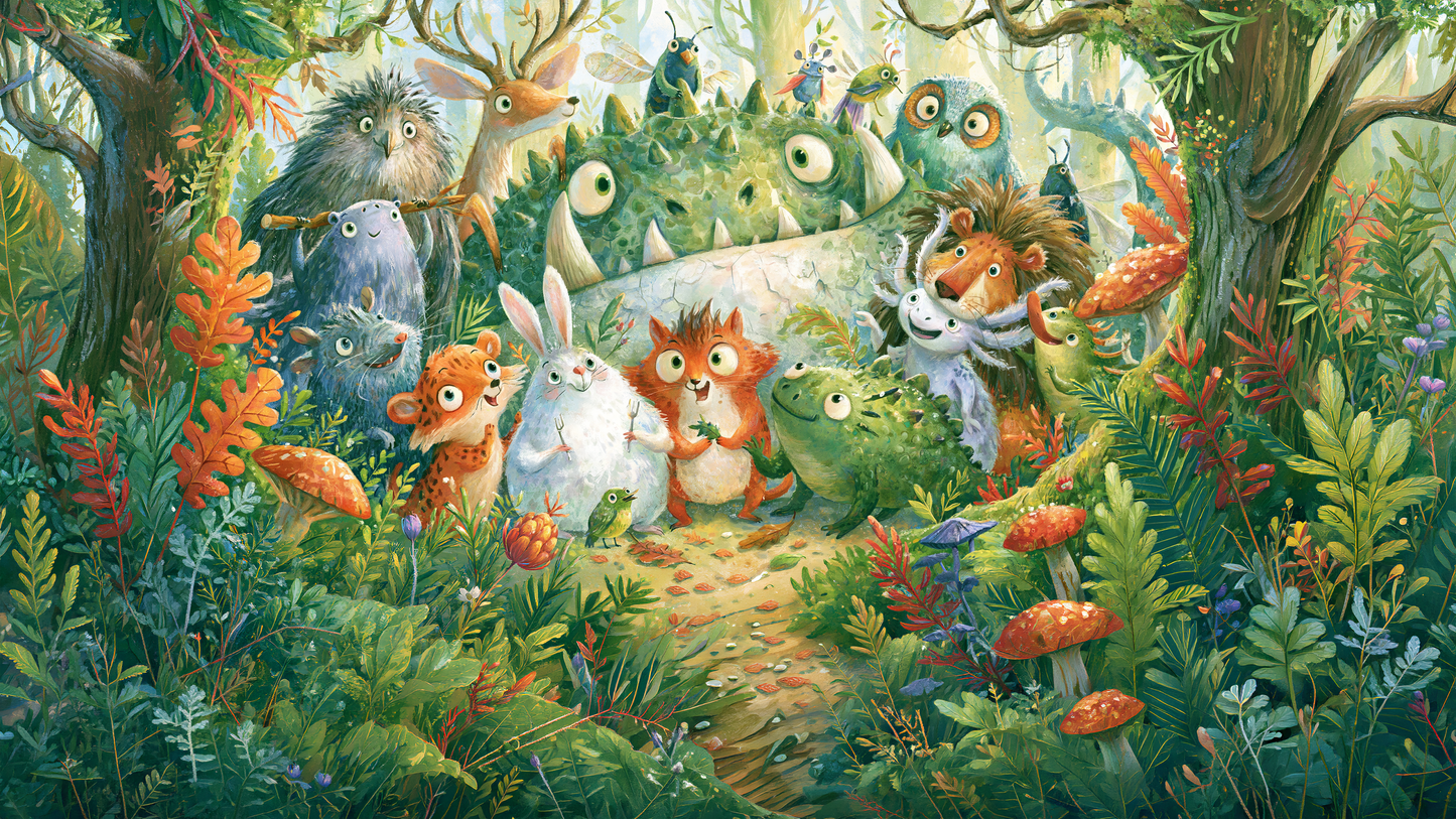 FERN TRAIL TROOP - tapeta z leśnymi zwierzętami — Pełny wzór