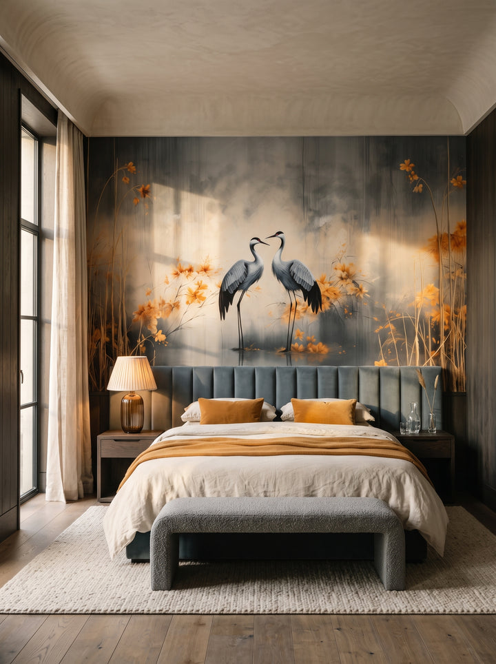 Fototapeta artystyczna o nazwie Autumn's Whisper w aranżacji wnętrza: sypialnia apartamentu w pięciogwiazdkowym hotelu w stylu quiet luxury.
