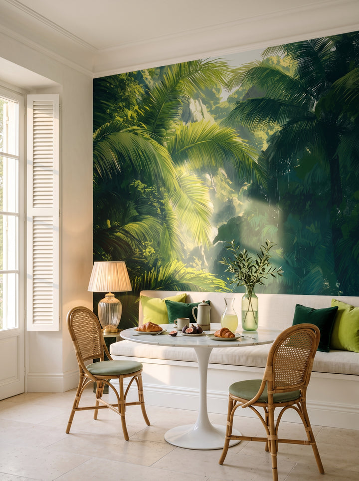 Fototapeta artystyczna o nazwie SUNLIT PALMS w aranżacji wnętrza: kącik śniadaniowy w willi na Riwierze Francuskiej.