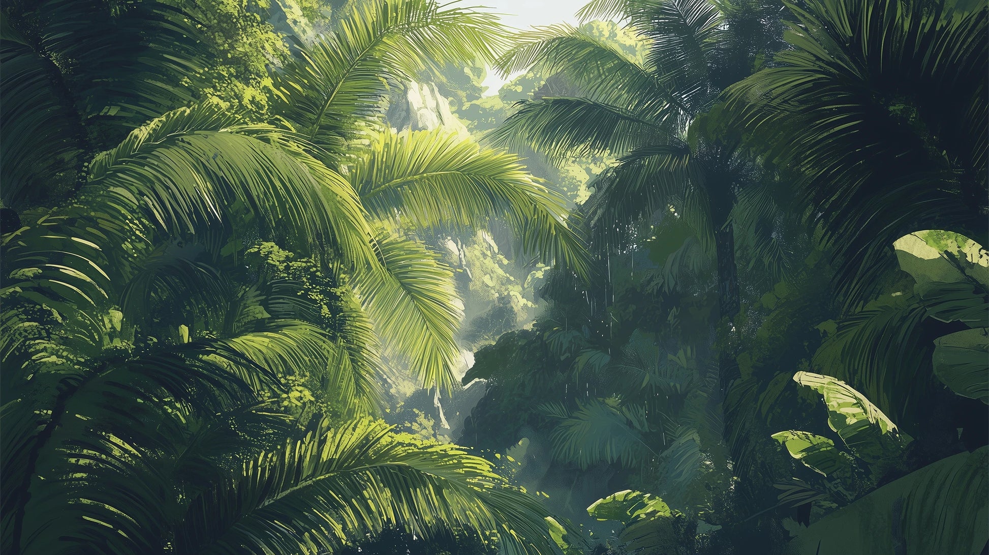 Prezentacja całego wzoru fototapety o nazwie SUNLIT PALMS - tapeta z tropikalnym ogrodem w promieniach słońca