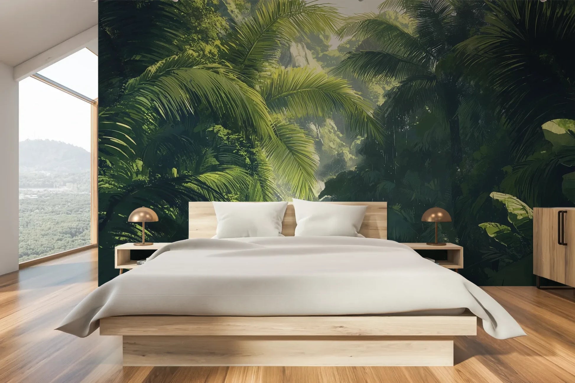 Wzór fototapety SUNLIT PALMS - tapeta z tropikalnym ogrodem w promieniach słońca pokazanej w aranżacji sypialni.