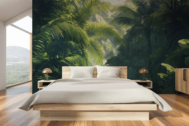Wzór fototapety SUNLIT PALMS - tapeta z tropikalnym ogrodem w promieniach słońca pokazanej w aranżacji sypialni.
