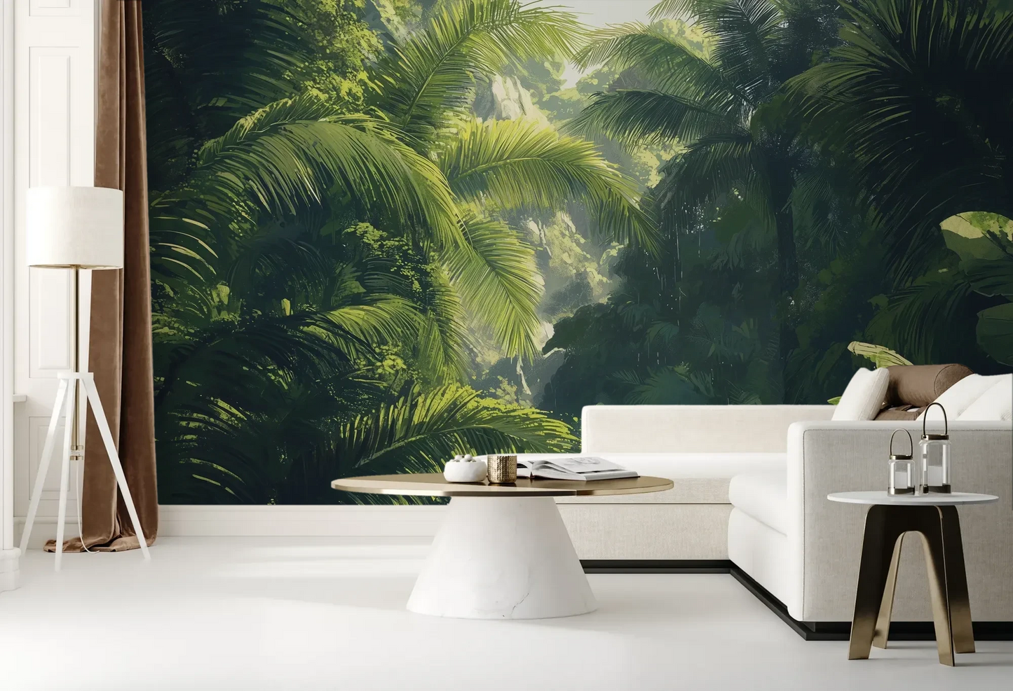 Wzór fototapety SUNLIT PALMS - tapeta z tropikalnym ogrodem w promieniach słońca pokazanej w aranżacji salonu.