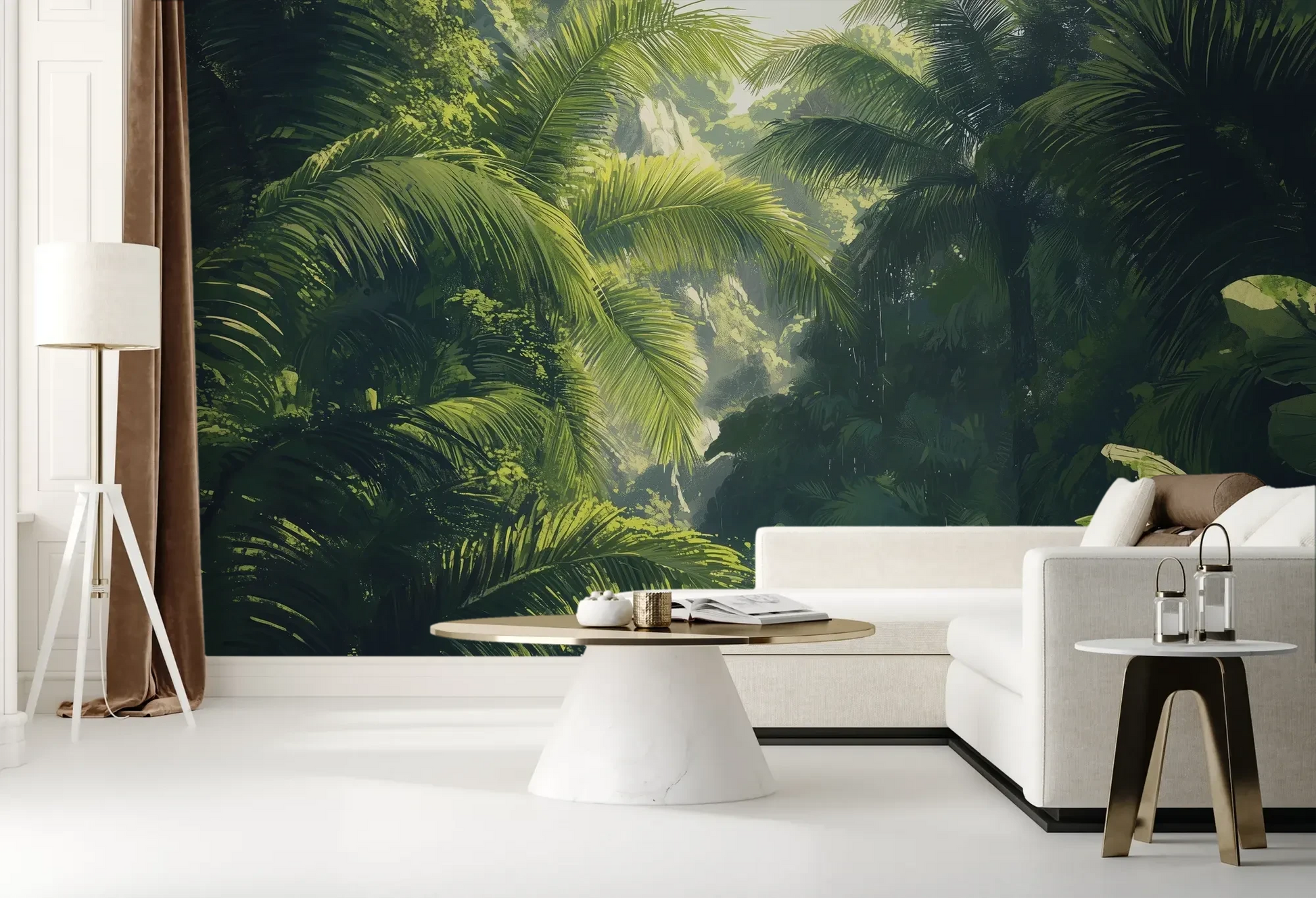 Wzór fototapety SUNLIT PALMS - tapeta z tropikalnym ogrodem w promieniach słońca pokazanej w aranżacji salonu.