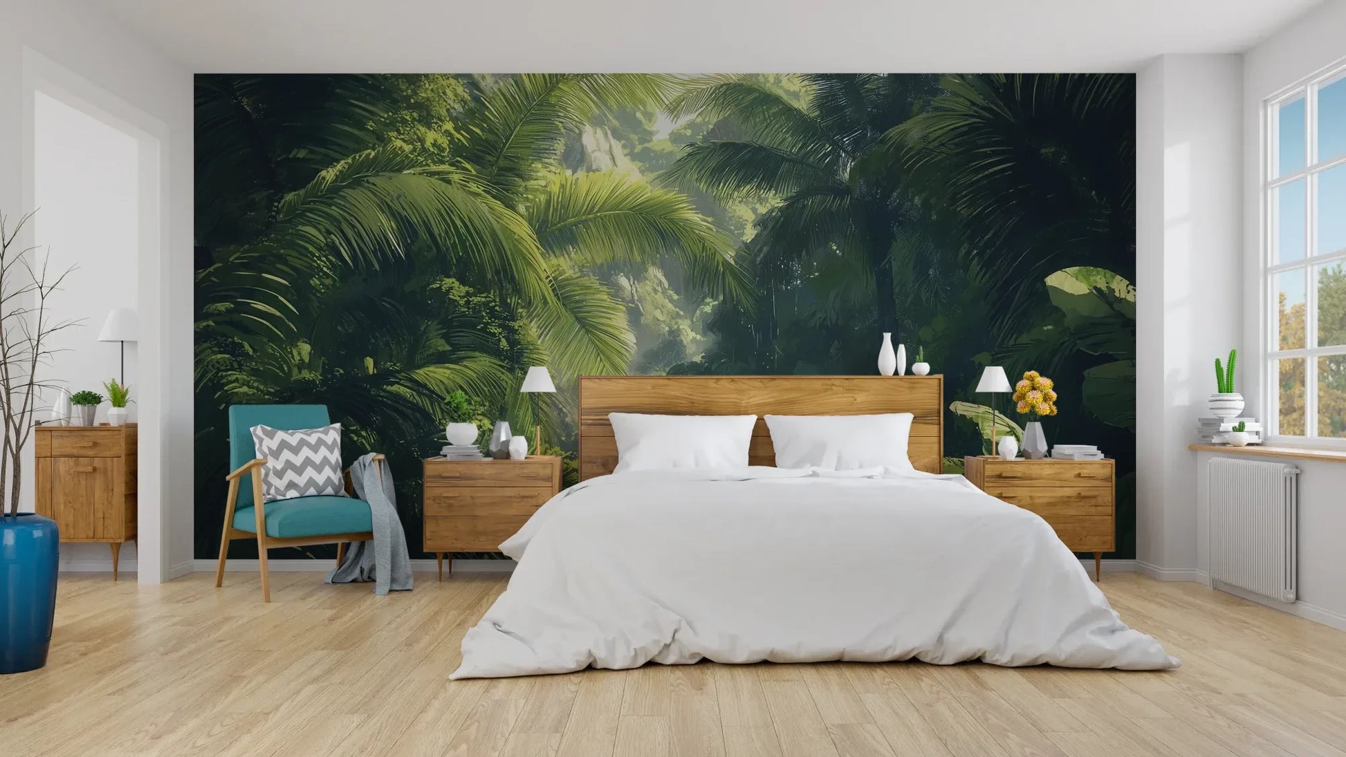 Wzór fototapety SUNLIT PALMS - tapeta z tropikalnym ogrodem w promieniach słońca pokazanej w aranżacji sypialni.