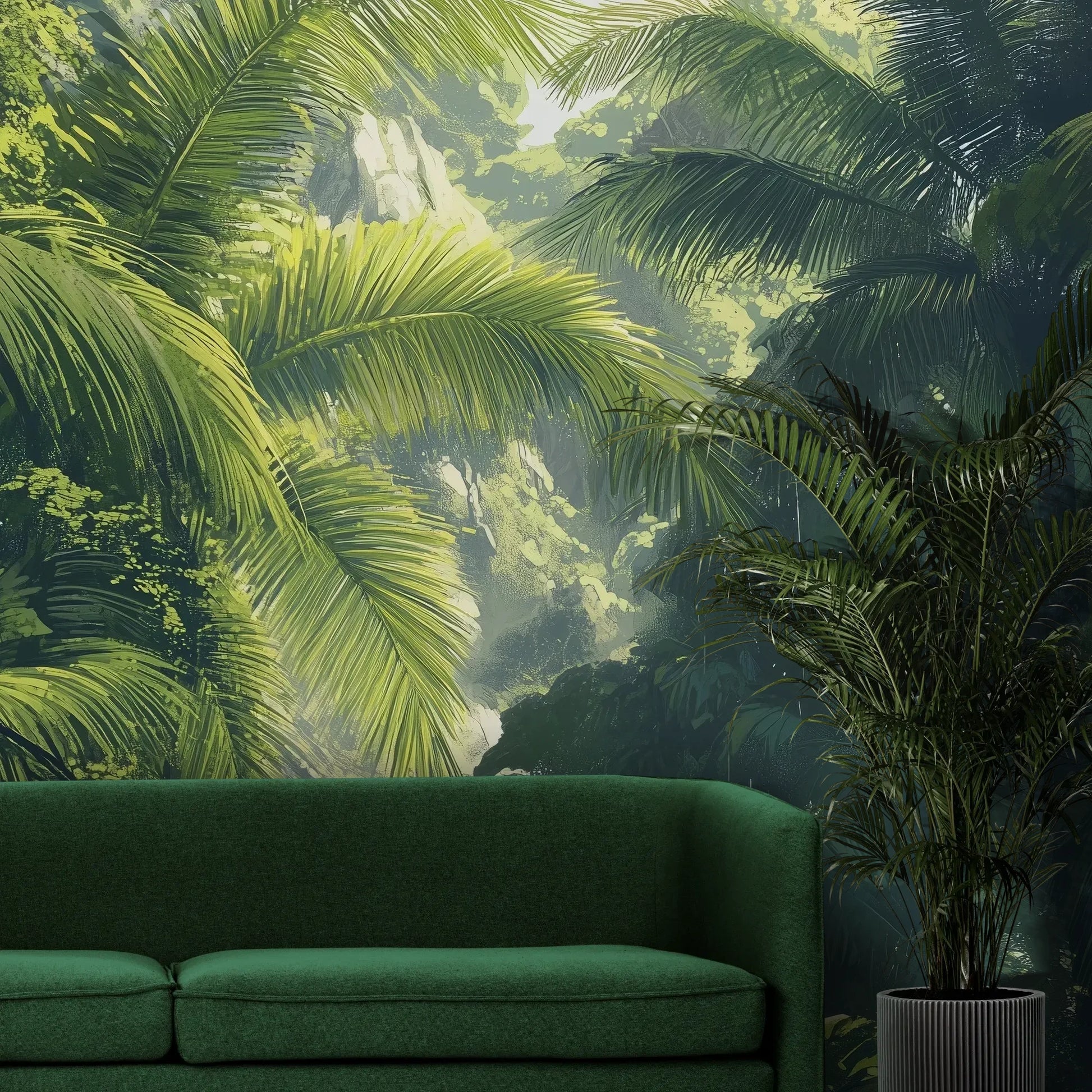 Fototapeta SUNLIT PALMS - tapeta z tropikalnym ogrodem w promieniach słońca pokazana w aranżacji wnętrza z akcentem na ścianie.