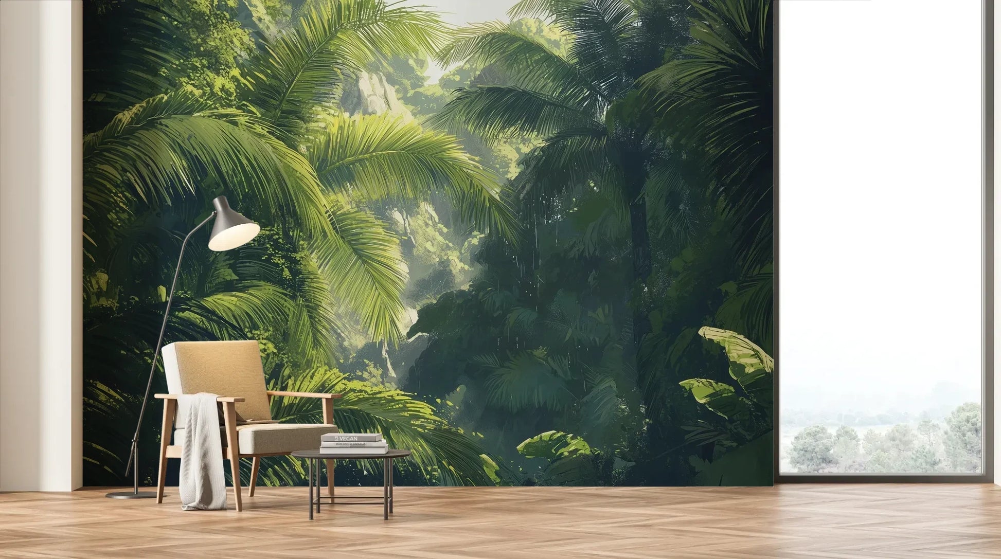 Wzór fototapety SUNLIT PALMS - tapeta z tropikalnym ogrodem w promieniach słońca pokazanej w aranżacji salonu.