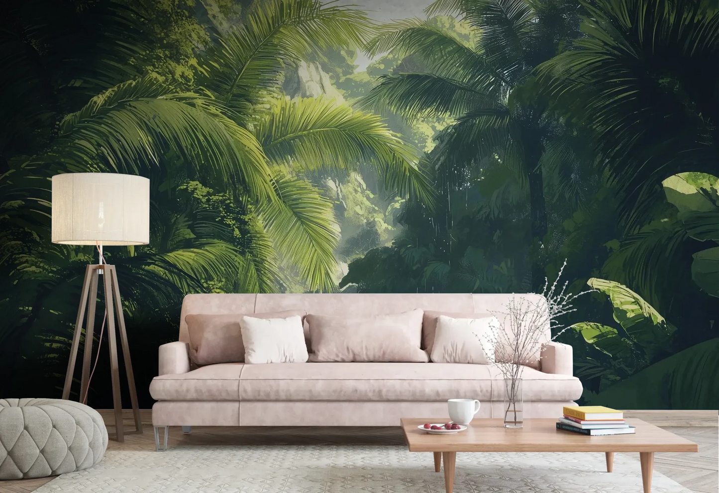 Wzór fototapety SUNLIT PALMS - tapeta z tropikalnym ogrodem w promieniach słońca pokazanej w aranżacji salonu.