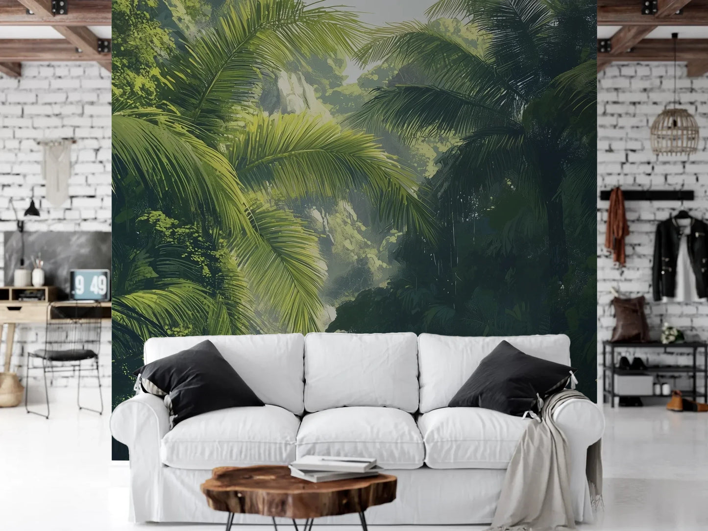Wzór fototapety SUNLIT PALMS - tapeta z tropikalnym ogrodem w promieniach słońca pokazanej w aranżacji salonu.