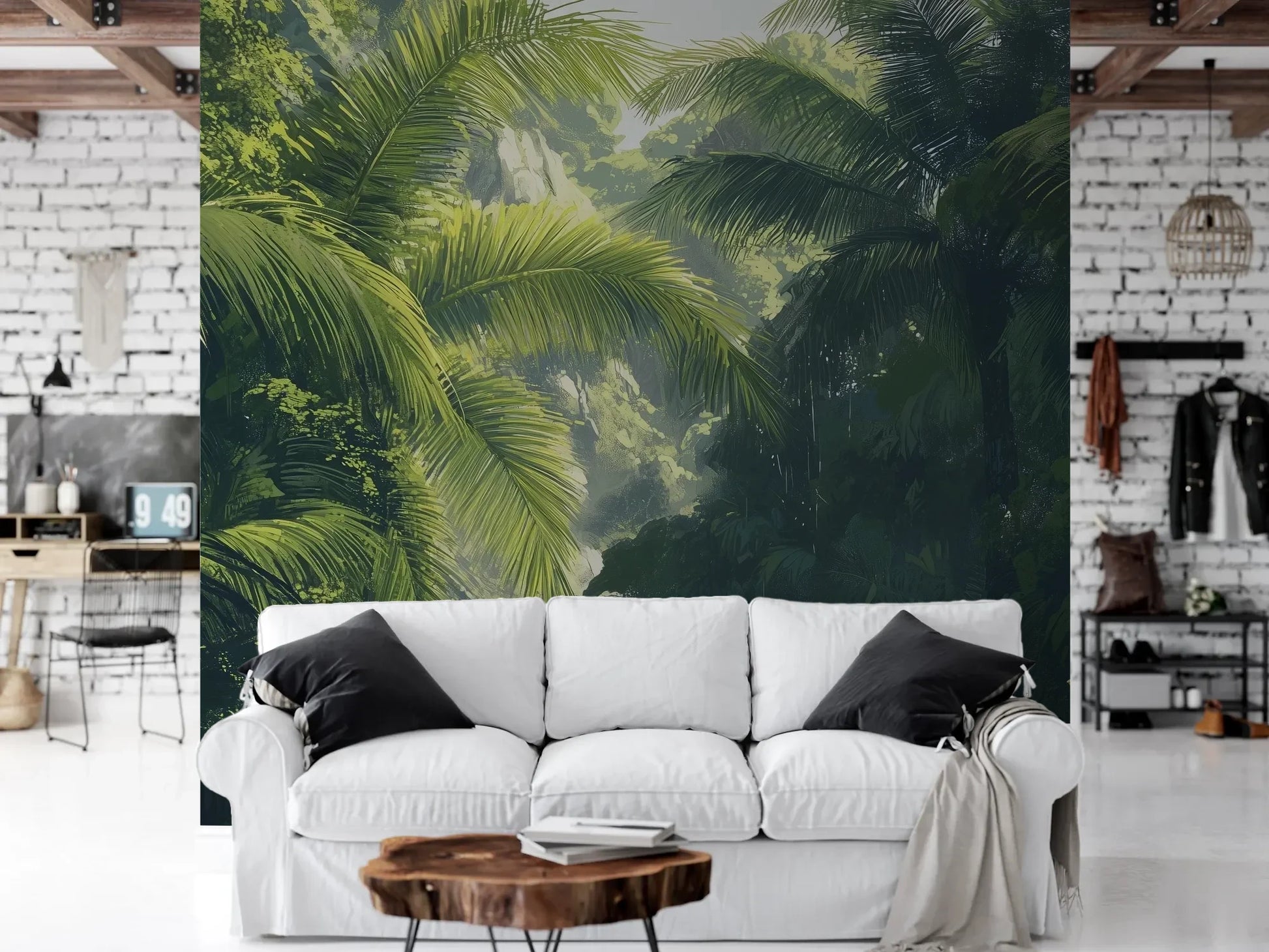 Wzór fototapety SUNLIT PALMS - tapeta z tropikalnym ogrodem w promieniach słońca pokazanej w aranżacji salonu.