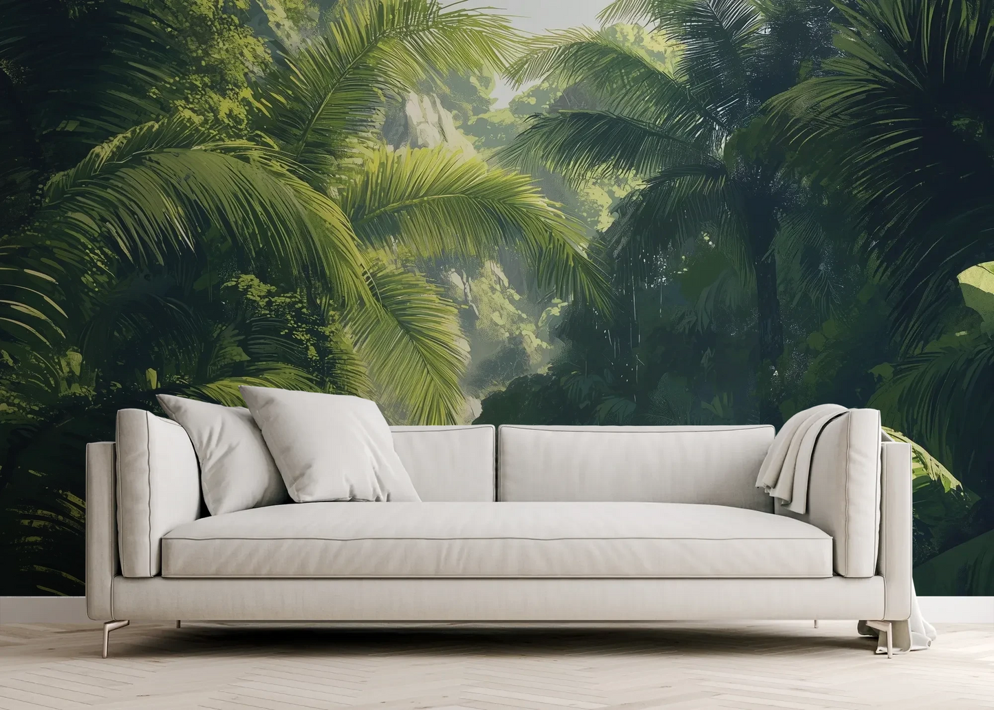 Wzór fototapety SUNLIT PALMS - tapeta z tropikalnym ogrodem w promieniach słońca pokazanej w aranżacji salonu.