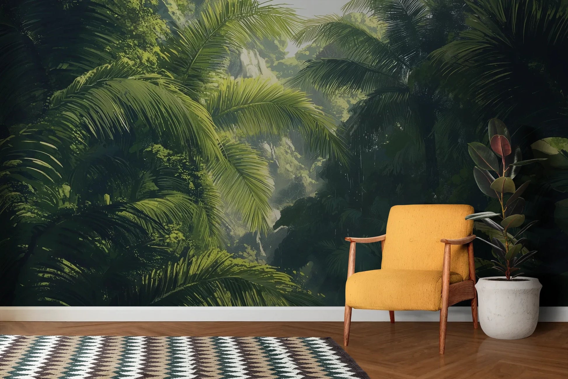 Wzór fototapety SUNLIT PALMS - tapeta z tropikalnym ogrodem w promieniach słońca pokazanej w aranżacji salonu.