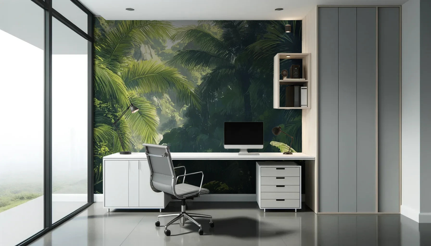 Fototapeta SUNLIT PALMS - tapeta z tropikalnym ogrodem w promieniach słońca pokazana w aranżacji biura.